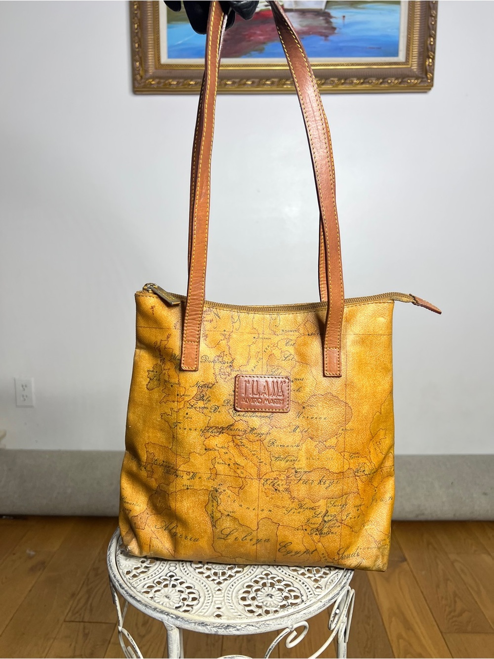 Alviero Martini Yellow Map-Print Tote with Tan Handles